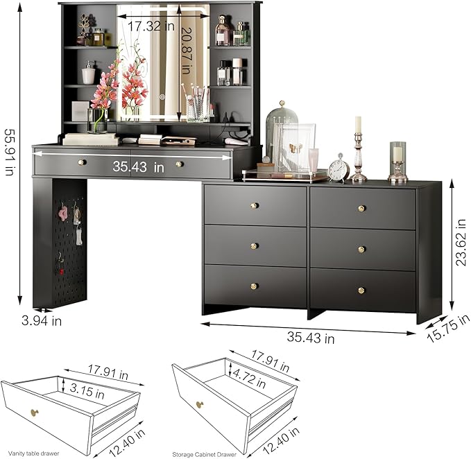 Makeup Vanity Desk with Mirror and Lights, Vanity Desk with 8 Drawers & Storage Shelves, Vanity Table with Power Outlet, 3 Color Modes & Adjustable Brightness Dressing Table, Bedroom,Black