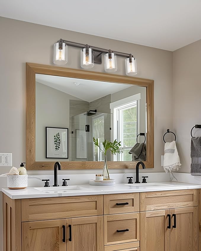 4-Light Bathroom Light Fixtures, HWH Farmhouse Vanity Wall Sconce in Oil-Rubbed Bronze Finish with Clear Glass Shade, 5HLT63B-4W ORB