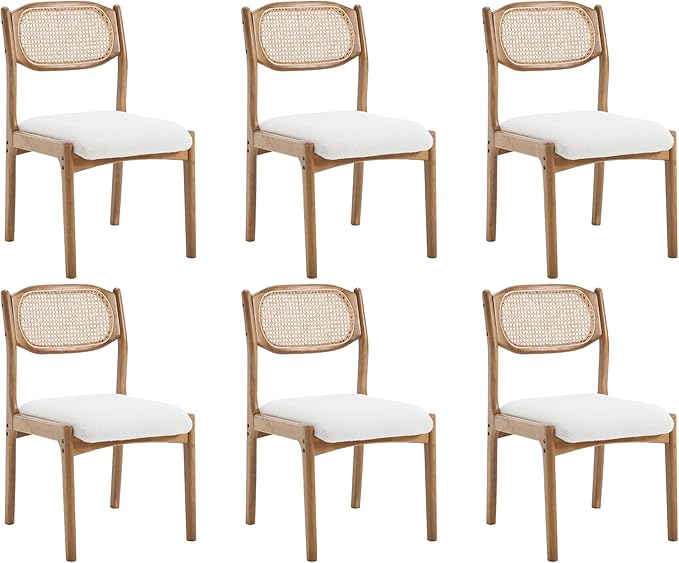 EALSON Farmhouse Rattan Dining Chairs Set of 6 Modern Mid Century Wood Dining Room Chairs with Cane Back Upholstered Sherpa Boucle Kitchen Side Chairs for Living Dining Room,Cream