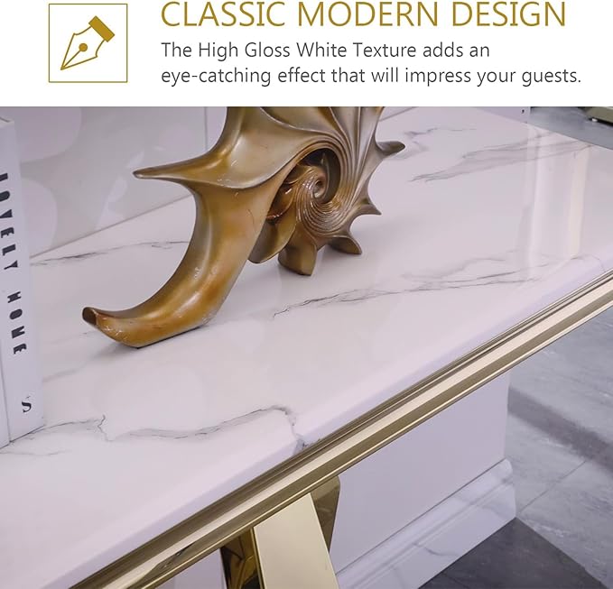 Gold Console Table, White and Gold Sofa Table, 50-inch Entryway Table with Polished Geometric Base for Living Room, Hallway