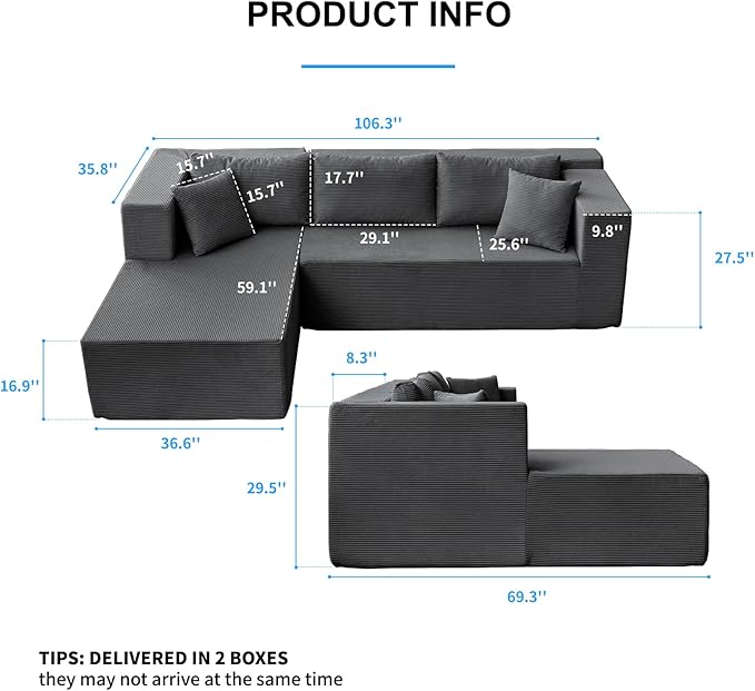 PUREMIND 106" Cloud Sectional Couch for Living Room, Corduroy L Shape Sofa with Deep Seat, Modular Boneless Foam Couch Corner Couches No Assembly Required