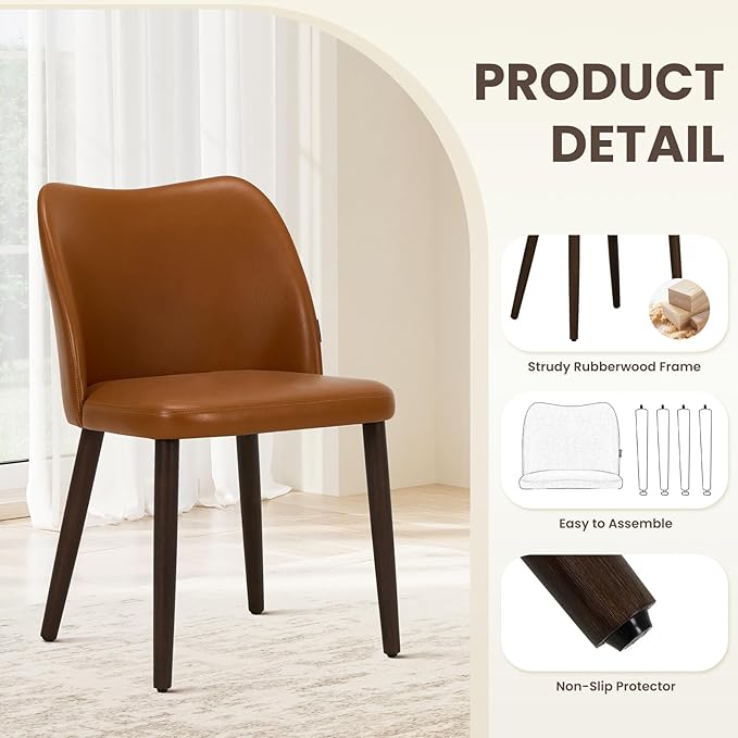 Wooden Dining Chairs Set of 6, Upholstered Kitchen Dining Room Chair, Modern Faux Leather Farmhouse Dinner Chair for Restaurant & Cafe, Light Brown