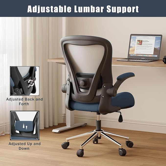 Blue Ergonomic Office Desk Chair, Soft Fabric Thickened Curved seat Cushion with Adjustable Lumbar Support, Perfect Blend of Comfort and Good Looks, Ideal Chair for Home or Office, Navy Blue