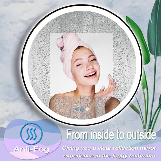 40 inch Round LED Bathroom Mirror, Black Frame, Wall Mount, Fogless, Adjustable, 3 Color Lights Smart Mirror with Anti-Fog