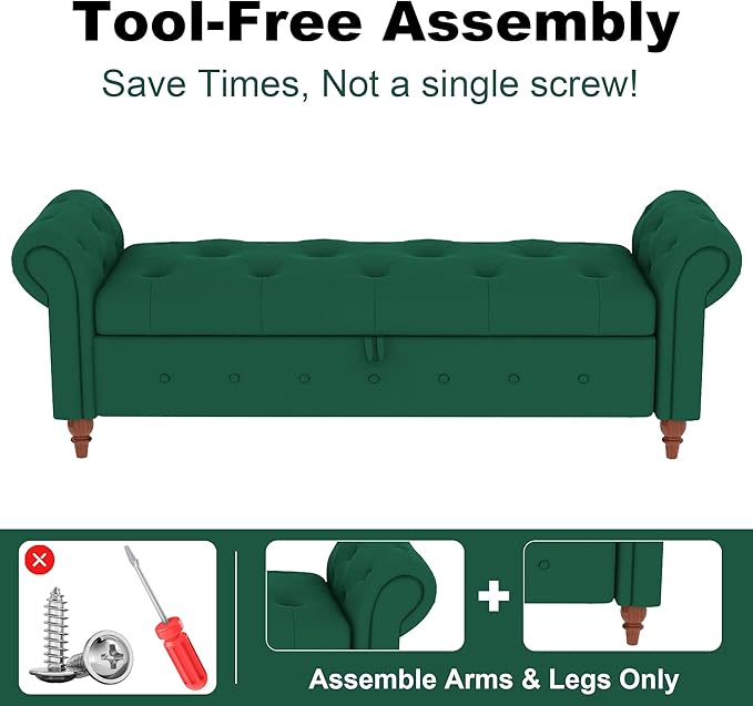 GNIXUU Ottoman with Storage Bench for Bedroom, 63" Velvet Upholstered End of Bed Storage Bench Seat, Rolled Arm Cushioned Ottoman with Wood Legs, Modern Window Chair for Living Room, Entryway, Green