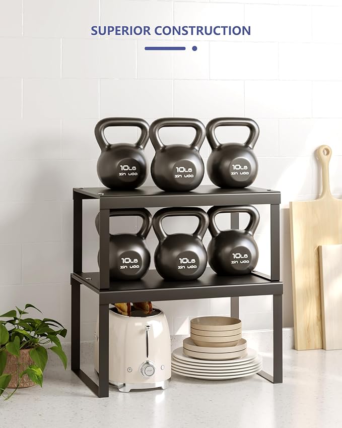 Cabinet Organizer Shelf, Set of 2 Cabinet Shelves, Stackable Metal Kitchen Counter Organizer, Adjustable Countertop Cupboard Pantry Shelf Riser Storage Rack, Black