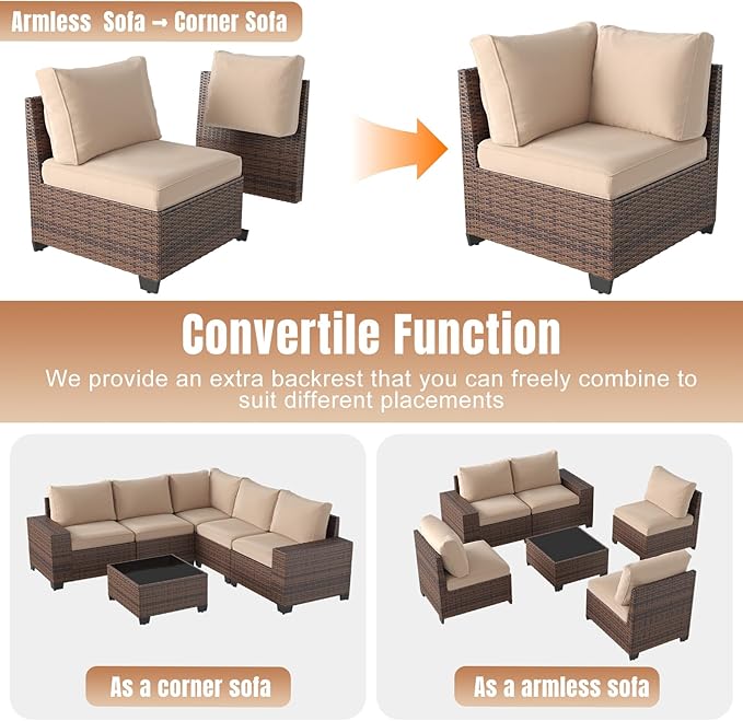 Aoxun 6 Pieces Patio Furniture Set Wicker Rattan Outdoor Sectional Conversation Set with Coffee Table and 4” Thickened Cushions, Beige (Waterproof Cover Included)