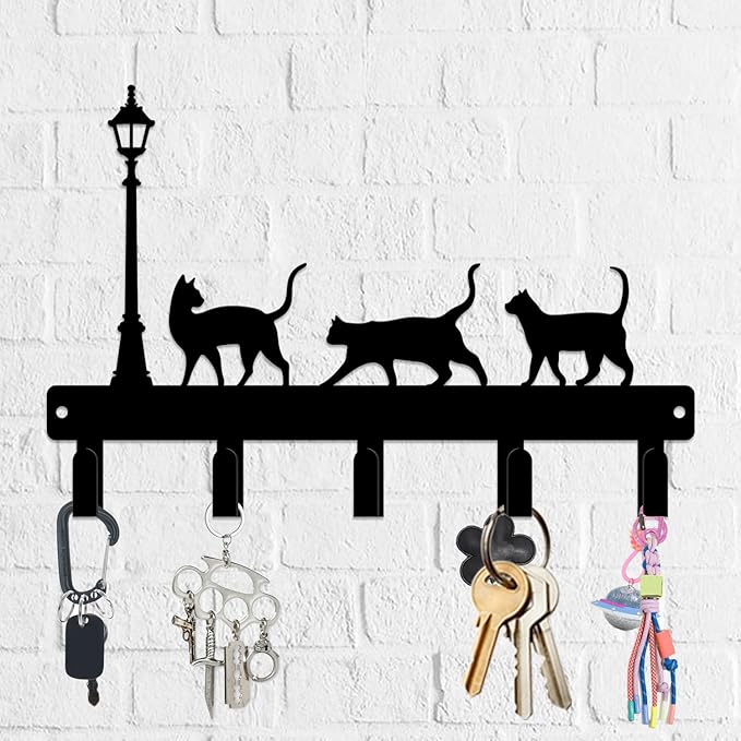magilab Cat-Themed 10-Inch Iron Key Hooks with 5 Hooks, Black Wall Organizer - Cute Cat Design for Home Decor, No Drill & Screw-in Options (Style G)