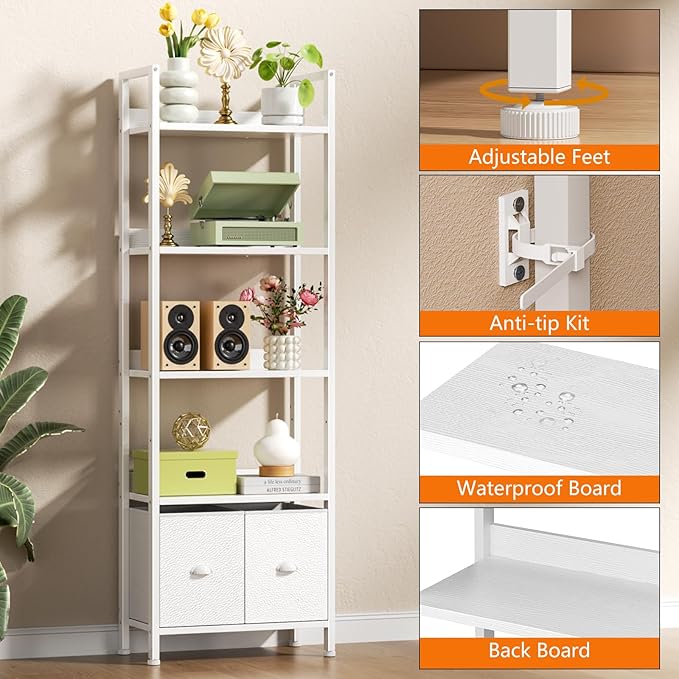 Furologee 5 Tier Bookshelf with Drawers, White Tall Bookcase with Shelves, Wood and Metal Bookshelves Storage Organizer, Modern Display Free Standing Shelf Unit for Bedroom, Living Room, Office