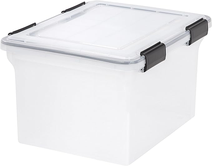 IRIS USA 32 Quart WEATHERPRO Plastic Storage Box with Durable Lid and Seal and Secure Latching Buckles, Clear with Black Buckles, 6 Pack