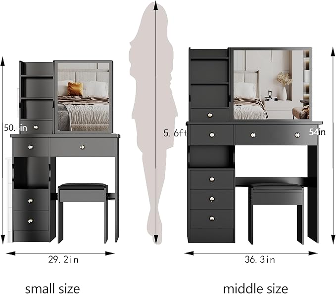 KEIKI Vanity Desk with Sliding Mirror & Cushioned Stool, 37'' Makeup Dressing Table Set for Bedrooms, Dorms, Apartments, Black