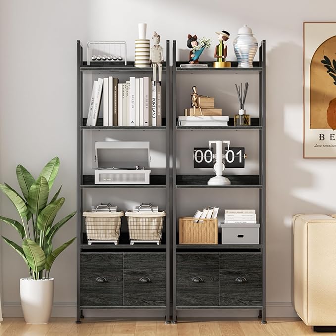 Furologee 5-Tier Bookshelf, Tall Bookcase with 2 Storage Drawers, Industrial Display Standing Shelf Units, Wood and Metal Storage Shelf for Living Room, Bedroom, Home Office, Black Oak