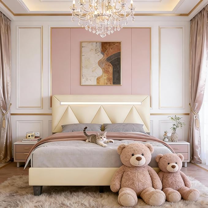 Full Size Bed Frame with Bluetooth Speaker, LED Lights and Charging Station, Faux Leather Linen Fabric Adjustable Headboard,Modern Upholstered Bed, Wood Slat Support, Easy Assemble, Beige