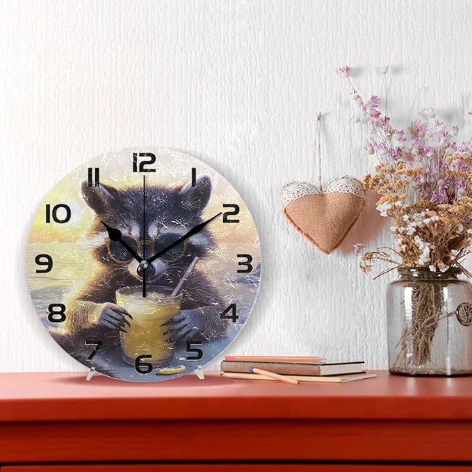 Bolaz Wall Clocks Decorative Bedroom Silent Living Room Desktop Raccoon Sunrise Tabletop Shelf Clocks Round Battery Operated 10 Inch Non-Ticking