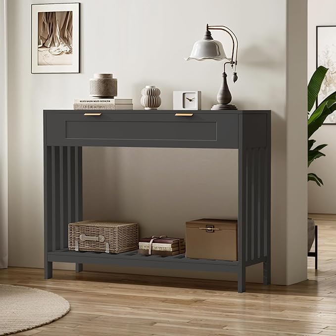 Console Table with Drawers Narrow Entry Table with Large Drawer & Open Storage Slats Shelf, Wooden Long Behind Couch Sofa Table for Living Room,Entryway, Foyer, Hallway(Black)