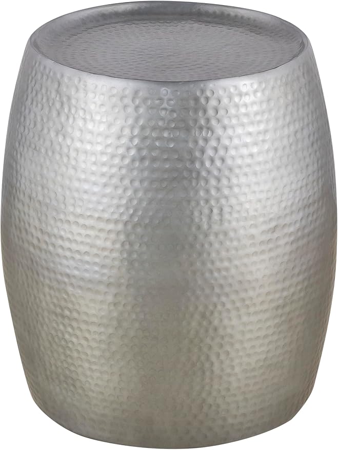 Modern Contemporary Round Aluminum Material 32" Coffee Table and 21" Height End 2PC Table Set with Glossy Hand Hammered Design Antique Silver