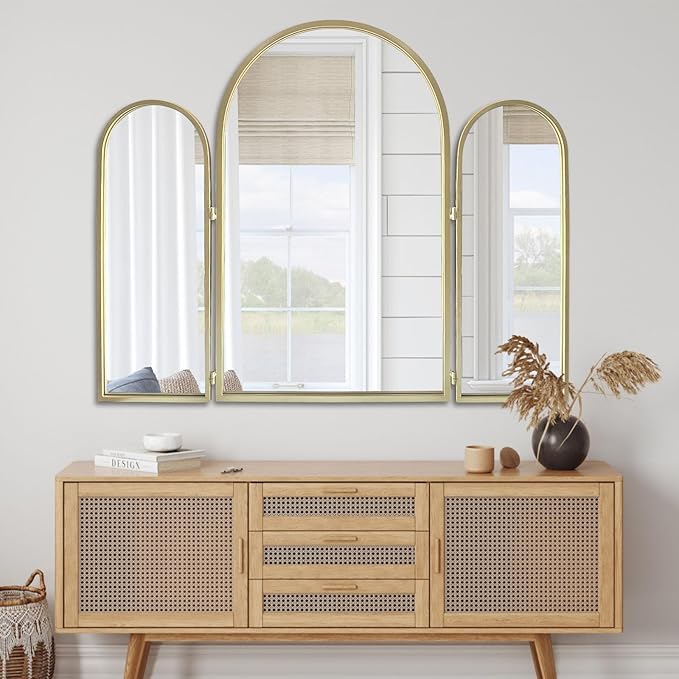 Trifold Vanity Mirrors 3 Way, 30 x 37in Adjustable Vanity Mirrors for Bathroom, Bedroom, Champaign Golden Arch Mirrors Wall Mounted Decoration, Braiding Hair, Makeup 360° Way