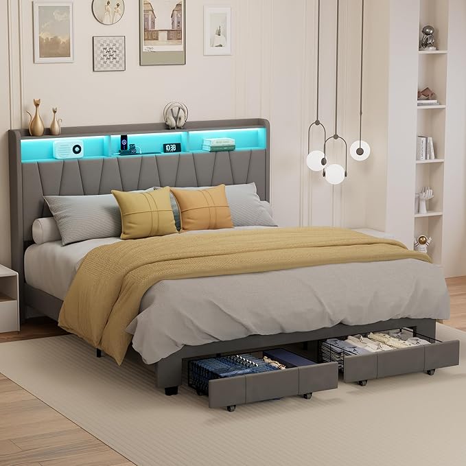 King Size Bed Frame, Velvet Upholstered LED Platform Bed with Headboard Storage, King Bed Frame Built-in Charging Station with 2 Drawers, Wood Slat Support, No Box Spring Needed, Grey
