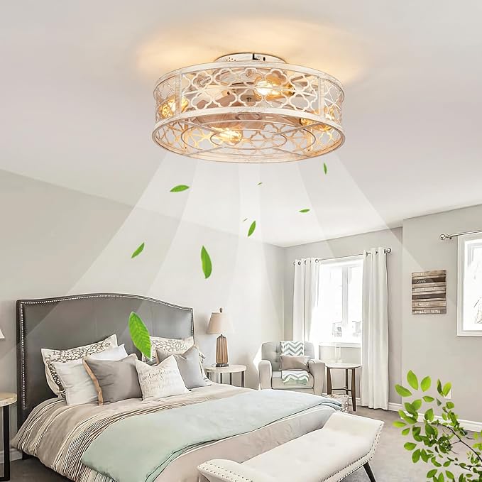 Farmhouse Ceiling Fans with Lights Remote Control,6 Speed Reversible Flush Mount Low Profile Rustic Antique White Ceiling Fan with Light,Boho Bladeless Country Caged Ceiling Light Fixture