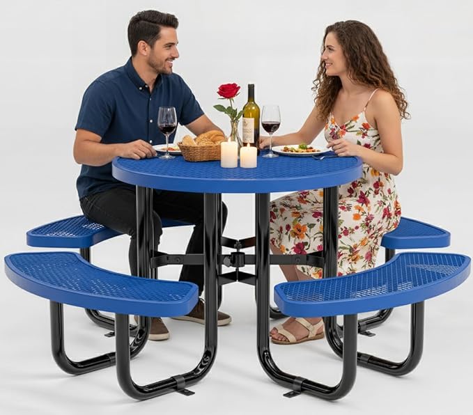Metal Picnic Tables for Outdoors with Umbrella Hole - Coated Steel Heavy Duty Commercial Grade Furniture Set with Adjustable Seats (Blue, 38 in, Round, Expanded Steel)