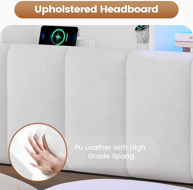 AOGLLATI King Size Bed Frame with 4 Storage Drawers, White King Bed Frame Wood with Charging Station (Type-C and USB), Led Light and Hidden Bookcase Headboard, White