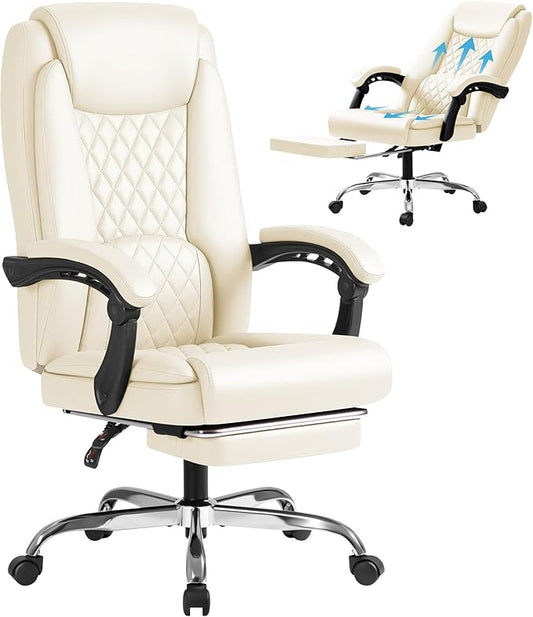 Furmax Office Chair with Footrest Ergonomic High Back Design Executive Computer Desk Chair400lbs, 90-135° Reclining Leather Home Office Desk Chairs Swivel Task Chairs with Wheels (Beige)