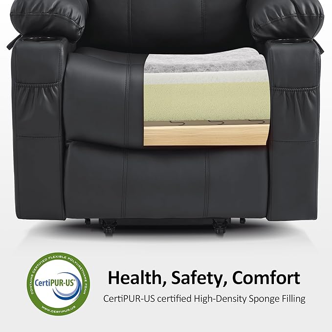 MCombo Power Lift Recliner Chair for Elderly, Lift Chair with Heat and Massage, FSC Certified, USB Ports, Cup Holders, Faux Leather 7040 (Black, Medium)