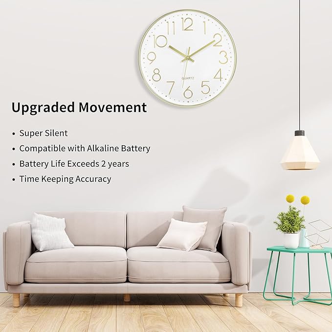 Foxtop Gold Wall Clock 12 Inch Silent Non-Ticking Battery Operated Round Modern Wall Clock for Living Room Bedroom Kitchen Home Office Decor