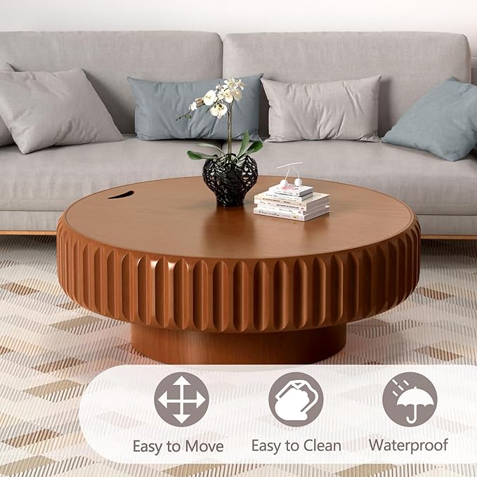 39.37'' Wooden Round Coffee Table with Storage, Modern Luxury Circle Drum Center Tables with Solid Wood Fluted, Accent Round Coffee Table for Living Room Apartment Small Space, Walnut