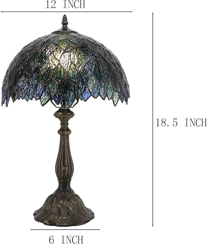 Tiffany Lamps Brownish Green Leaves Style Stained Glass Table Lamp Desk Bedside Reading Light 12X12X18.5 Inches with Bronze Resin Base Applicable to Bedroom Living Room Office