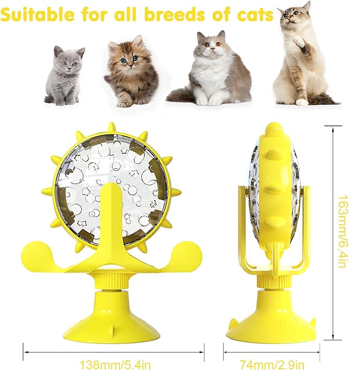 Cat Dog Treat Dispenser Toy - Cat Interactive Feeder Pet Food Toys Feeder 360° Degree Rotating Food Leakage Device Rotate with Strong Suction Cup Money Wheel Shape (Yellow)
