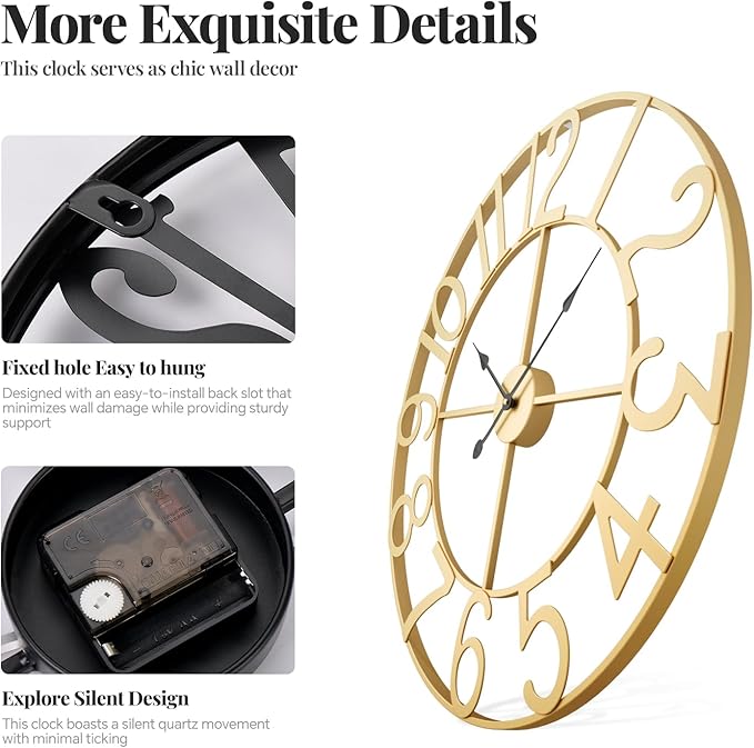 Large Wall Clock 30 Inch, Decorative Gold Clocks Silent Non Ticking Battery-Operated for Living Room Kitchen Mantel Decor, Metal Round Modern Wall Clocks Arabic Numerals