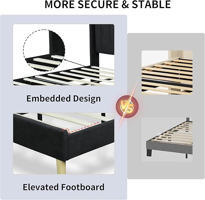 Queen Size Upholstered Platform Bed Frame with Modern Wingback & Vertical Panel Headboard, Linen Fabric, Wooden Legs & Slats Support, No Box Spring Needed, Noise-Free & Easy Assembly, Black