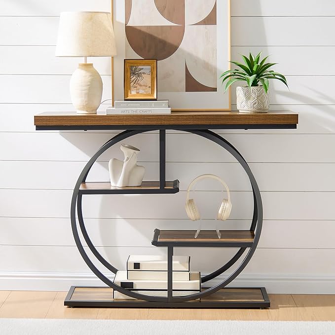 41.3" Sofa Table, Industrial 4-Tier Entryway Table with Circle Base and 1.7" Thickened Top, Narrow Console Table with Storage for Living Room, Hallway, Foyer, Rustic Brown