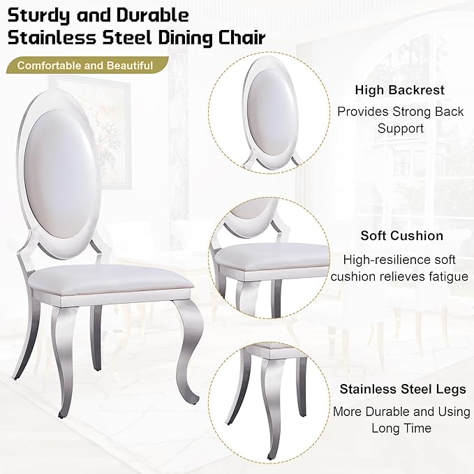 7-Piece Dining Table Set for 6, Faux Marble Modern Dining Table Set with 6 Big Oval Backrest Chairs, 70“ Stainless Steel Legs Table & Chair Set for Kitchen, Dining Room, White & Silver