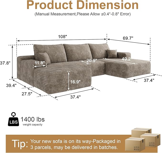 108" Sectional Couches for Living Room Modern Modular Sofa with L-Shape Couchs Upholstered Boneless Couch Deep Seat Sectional Couch with Chaise (Camel, Right Facing Chaise+2Seaters+1Ottoman)