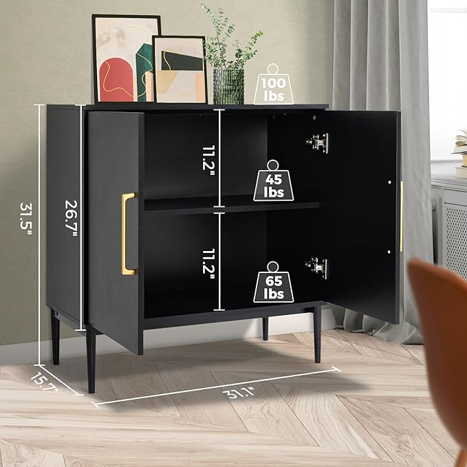 Modern Black Accent Storage Cabinet with Doors, Free Standing Wooden Buffet Sideboard for Bedroom, Kitchen, Home Office