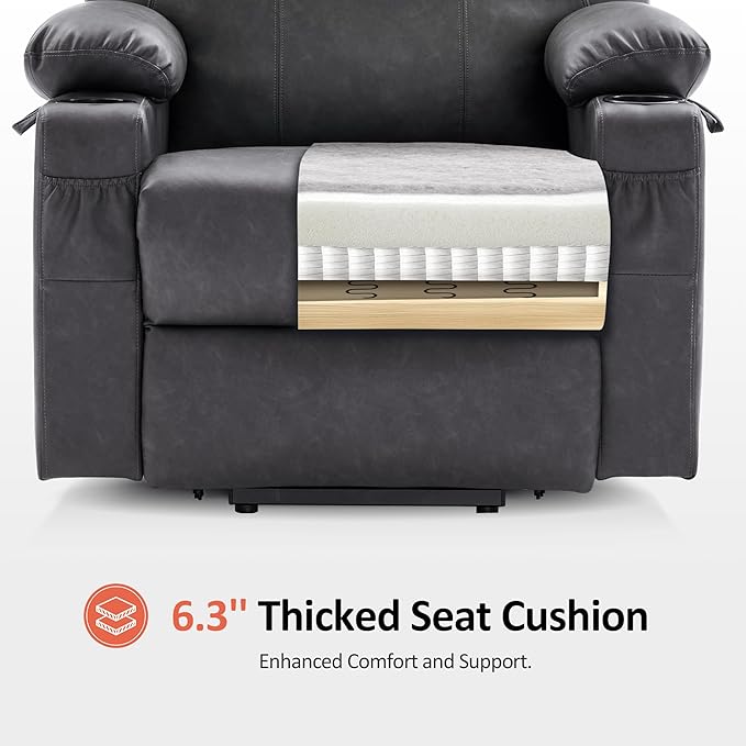 MCombo Large Power Lift Recliner Chair for Elderly, Lift Chair with Heat and Massage for Tall People, Extended Footrest, USB & Type C Ports, Cup Holders, Faux Leather 7516 (Large, Grey)