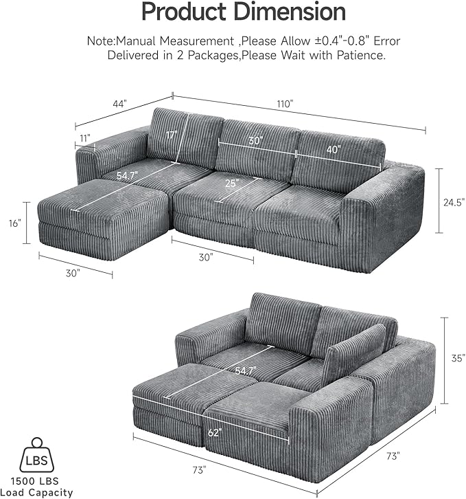 ONBRILL 110" Modular Sectional Sofa, L Shaped Couch 4 Seater with Sleeper Chaise, Sectional Couch with Deep Seat,Upholstered Corduroy Cloud Couches for Living Room,Bedroom,No Assembly Required,Grey