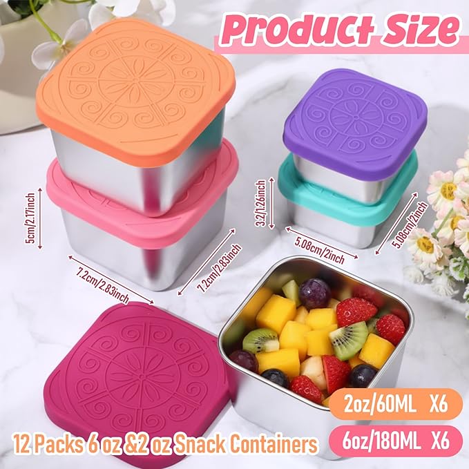 12 Pcs Stainless Steel Snack Containers 6oz & 2oz Easy Open Leak Proof Food Containers with Silicone Lids Reusable 304 Metal Food Box for School Home Picnic (Classic)