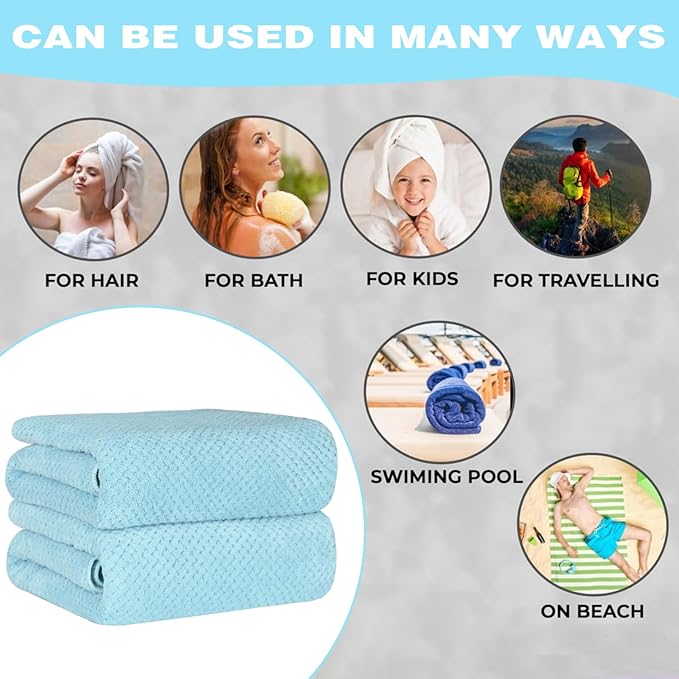 2-Pack Microfiber Bath Towels (27x54 Inches) - Ultra Soft & Quick Dry, 3X Absorbency, Lightweight for Gym, Yoga, Travel & Spa - Perfect for Home, Fitness & Post-Workout,(Bule)