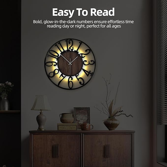 24 Inch Large Metal Wall Clock with Voice and Light Sensor Night Light, Glow in The Dark Non-Ticking Silent Battery Operated Decorative Oversized Wall Clock for Bedroom Living Room Decor