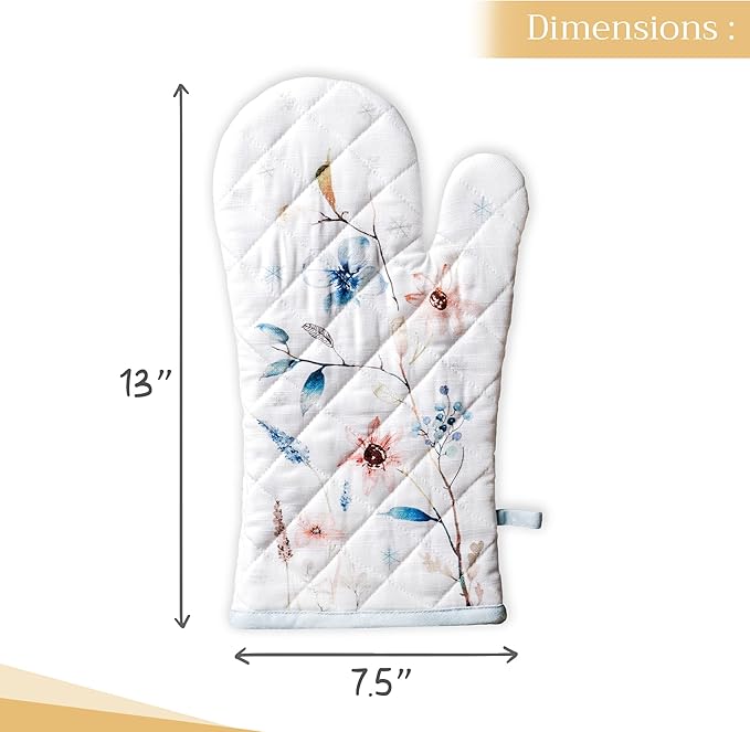 Maison d' Hermine Oven Gloves 100% Cotton Oven Mitt 7" x 13" with Loop Heat Resistant BBQ Cooking Gloves for Thanksgiving Christmas Decorations Baking Handling Hot Pans (Pack of 1, Ice Florals)