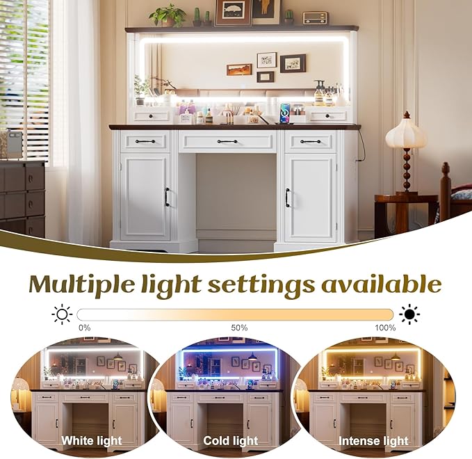 PAKASEPT 55.12" Large Makeup Vanity with LED Lights and 3 Light Modes, Vanity Set with 5 Drawers and Power Outlet, Vanity Desk for Women, Girls