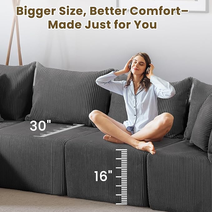 Oversize 131” Boneless Couch for Living Room, Comfort U Shaped Cloud Couch Sectional, Extra Deep Seats Corduroy Modular Sectional Sofa No Assembly,Grey