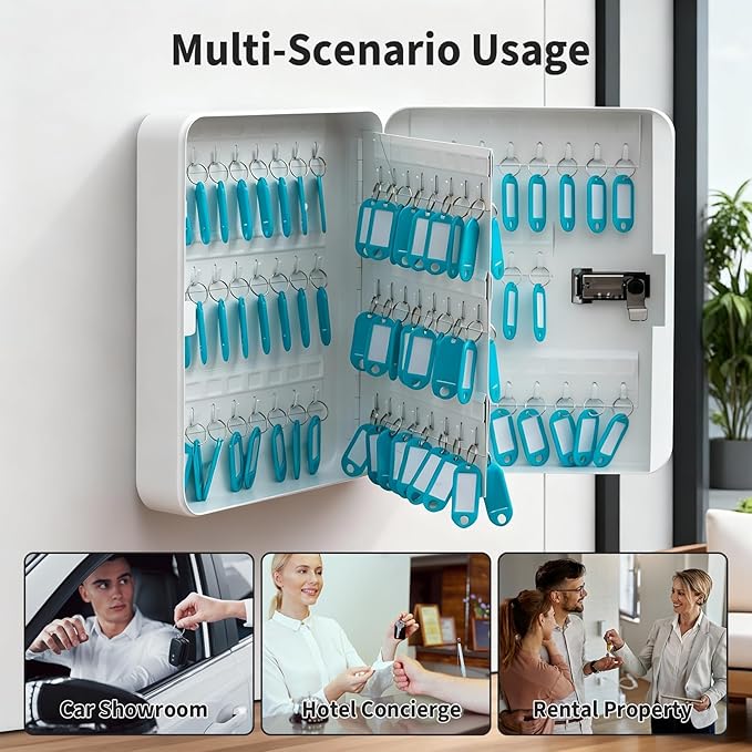 Key Cabinet Lock Box for 93 Keys, Wall Mounted White Security Storage Box Steel Key Organizer with Key Tag Labels Stickers and Hooks