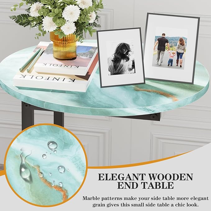 C Shaped End Side Table, Small Oval Couch Sofa Table for Bed, Snack Side Table with Metal Frame, TV Tray Table with White Marble for Small Space, Living Room, Bedroom, Bedside(Sea Blue)