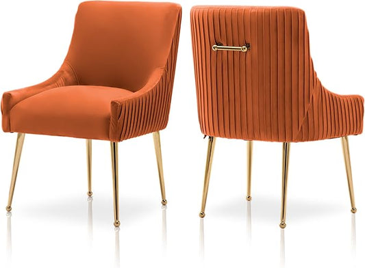 Dining Chairs, Accent Chairs Set of 2, Modern Upholstered Kitchen Dining Room Chairs with Gold Legs, Fabric Tufted Velvet Living Room Chairs for Reception Room Bedroom Guest Room (Orange)