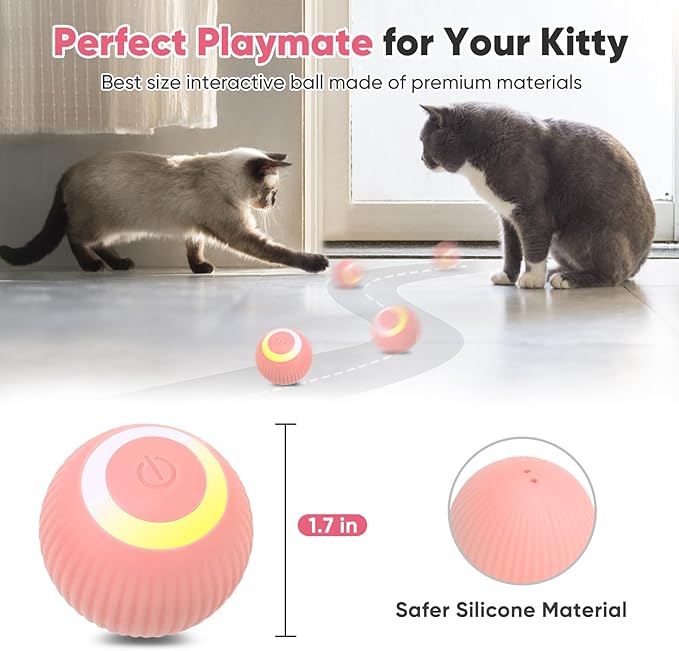 Petbobi Interactive Cat Toy Ball - Automatic Cat Toy with LED Light, USB Rechargeable Self Moving Ball, Indoor Active Rolling Toys, 360°Rotating Smart Sphere, 2 Modes, Fun Gift for Kitten, Pink