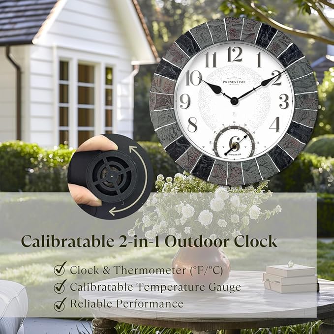 Presentime & Co 14" Illuminated in/Outdoor Clock with Smart Sensor and Night Light, Waterproof, Large Wall Clock with Thermometer, for Garden and Patio -Faux Slate.